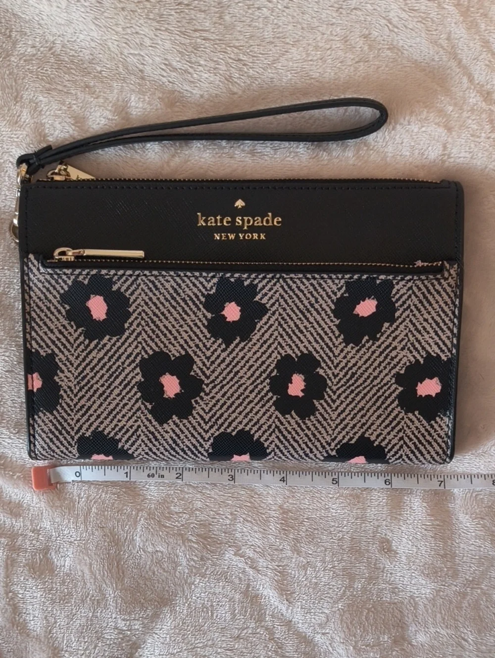 Kate Spade Black Floral Print Wristlet with Pink Accents